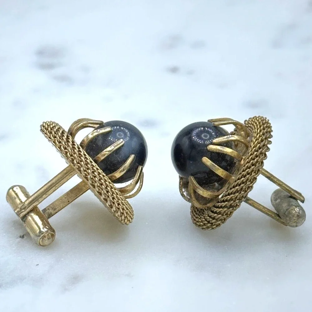 Men Vintage Gold Tone Mesh Contour Gray Inlay Round Bullet Back Cufflinks